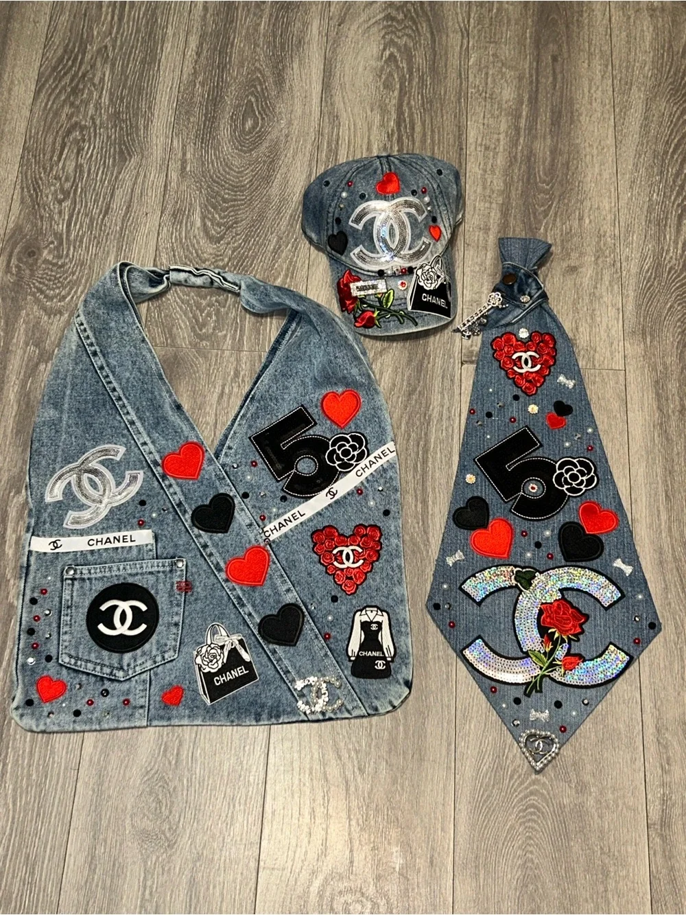 Set with Denim Junk Hat, XXL Denim Junk Necktie & Hobo bag